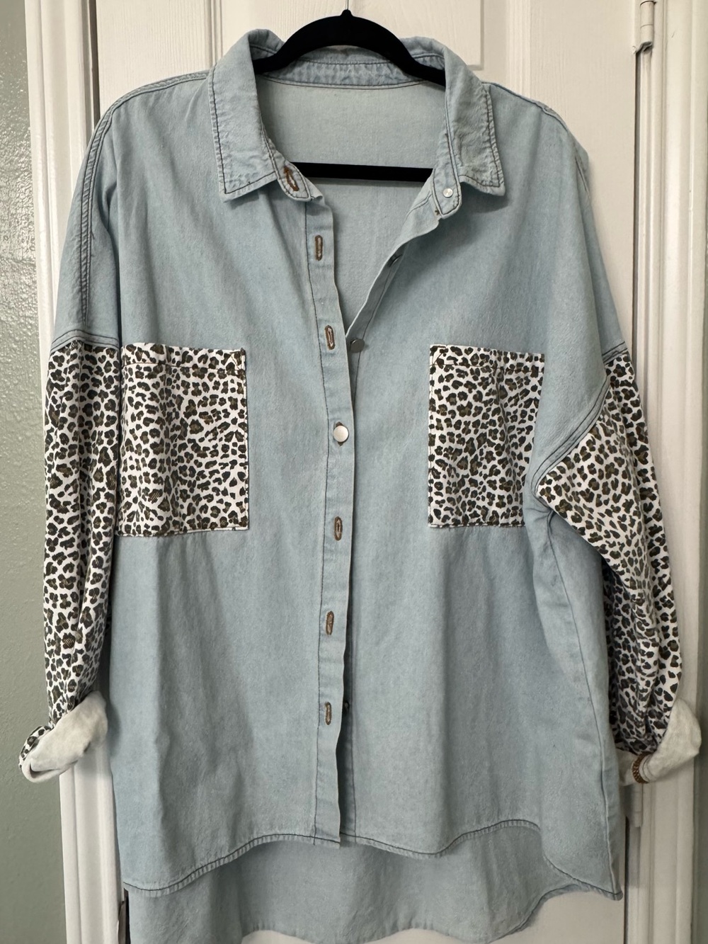 Light Blue Denim-Look Shirt with Leopard Print Accents